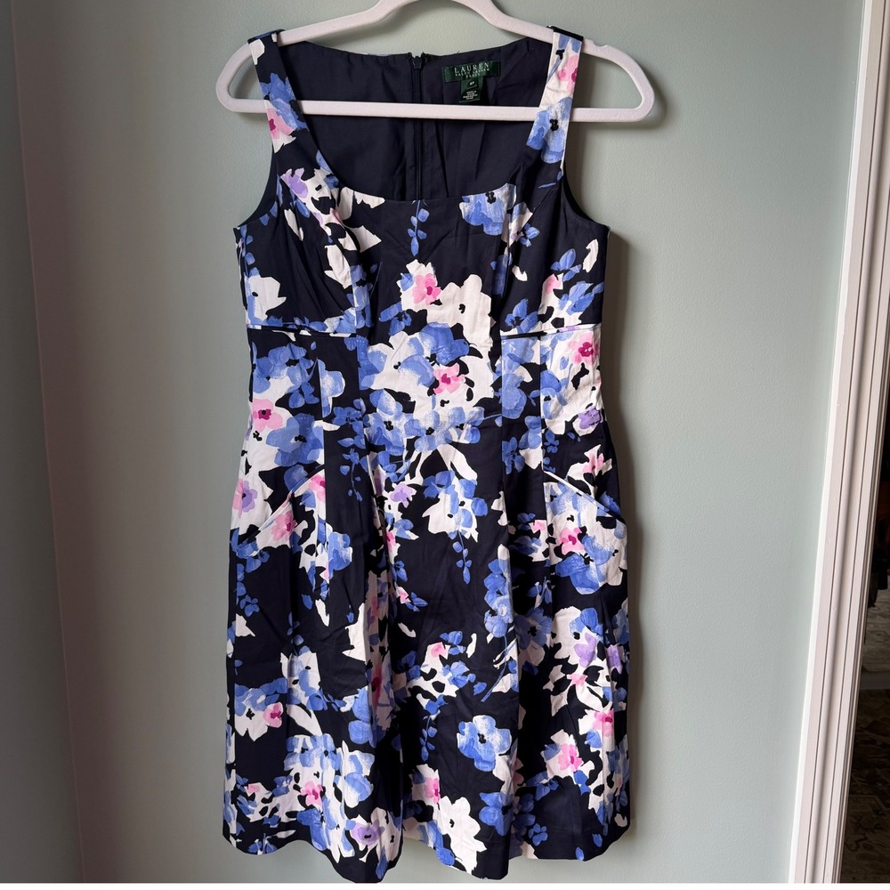 Lauren Ralph Lauren Petite Floral Sleeveless Dress Blue Cottage Pockets Size 8P